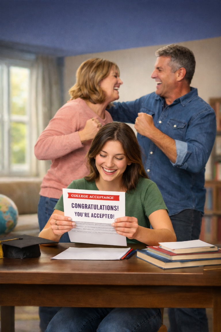 High school student opening a college acceptance letter while parents celebrate behind her