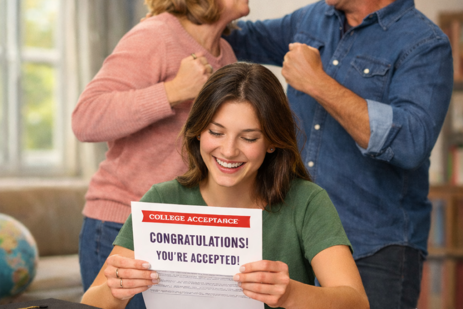 High school student opening a college acceptance letter while parents celebrate behind her