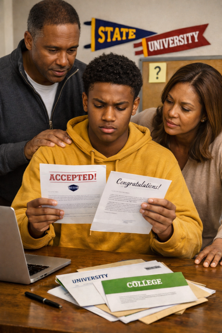 High school senior reviewing two college acceptance letters with parents helping him decide