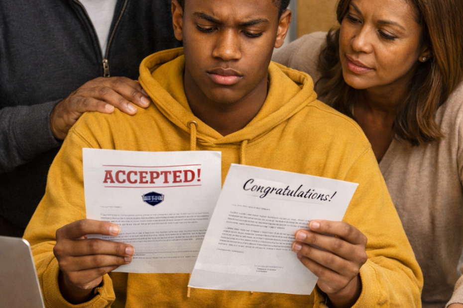 High school senior reviewing two college acceptance letters with parents helping him decide
