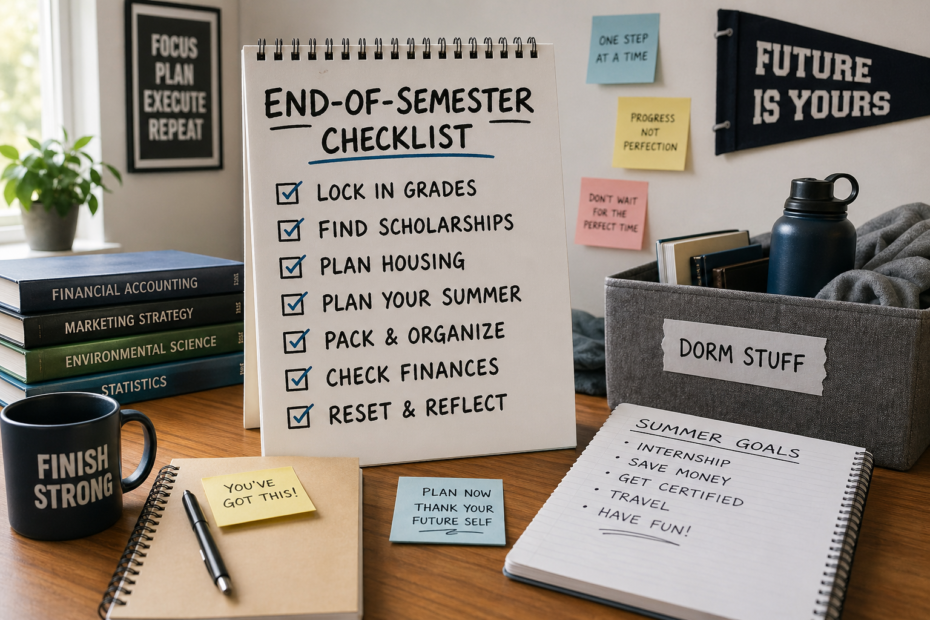 College student desk with end-of-semester checklist including grades, scholarships, housing, and summer planning