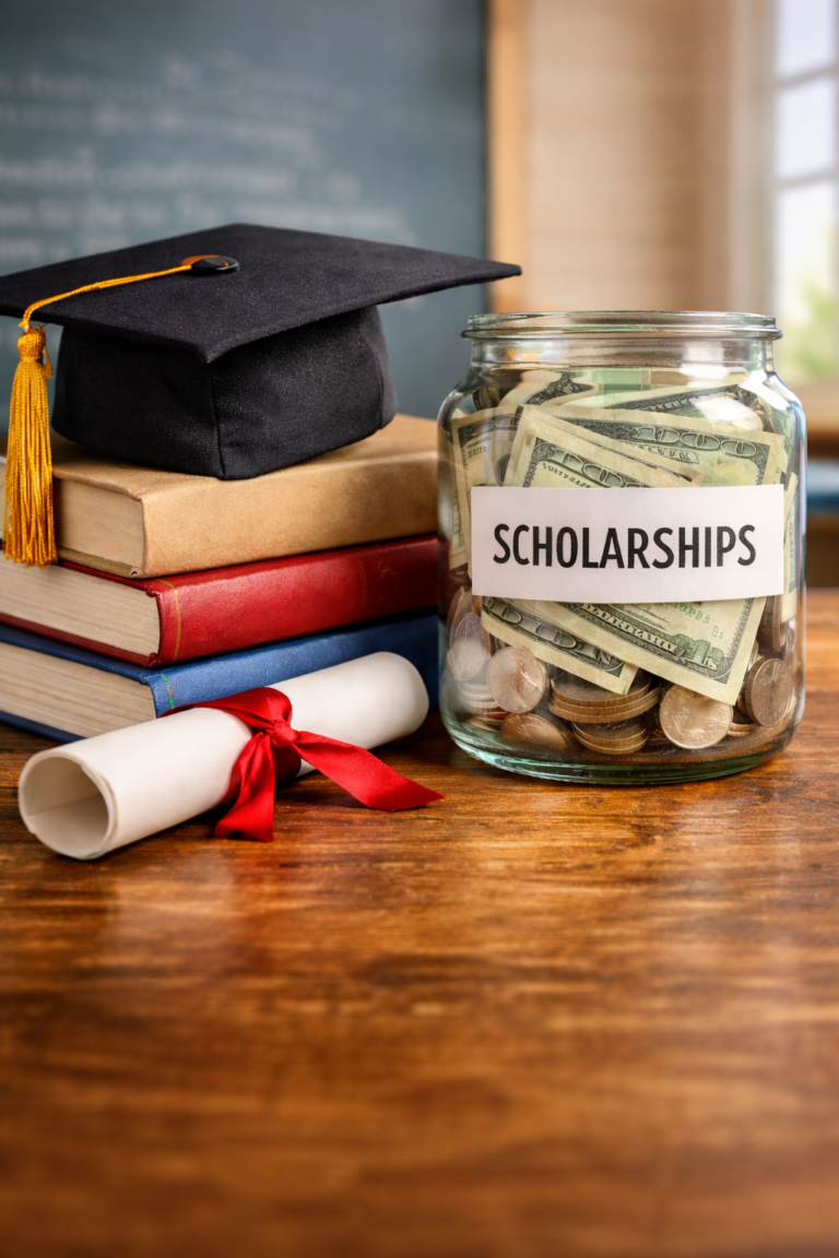 Graduation cap on books next to a jar filled with cash and coins representing college scholarships and tuition savings