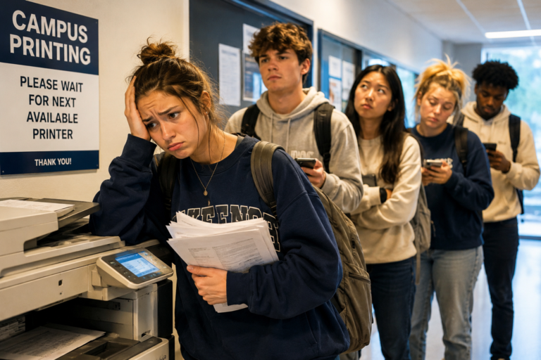College students standing in a long line waiting to use a campus printer while looking frustrated and stressed.