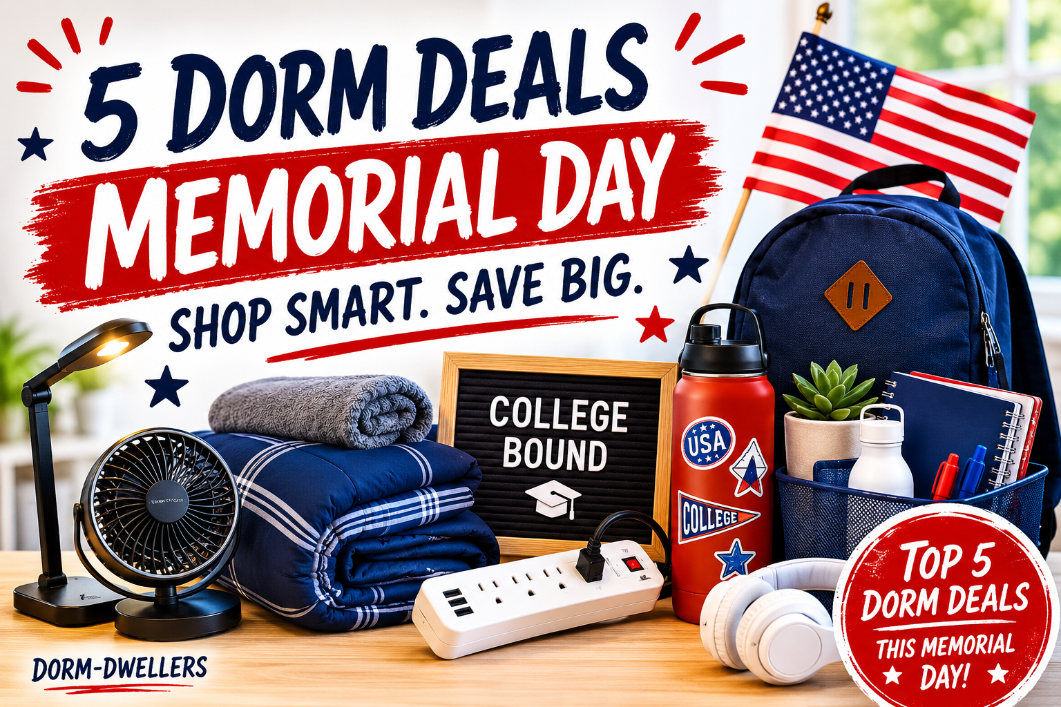 Memorial Day dorm deals with college bedding, fan, storage, backpack, headphones, and move-in essentials