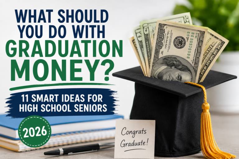 High school graduation cap filled with cash and graduation money sitting on a table with books, representing smart ways for graduates to use graduation gifts and cash in 2026.