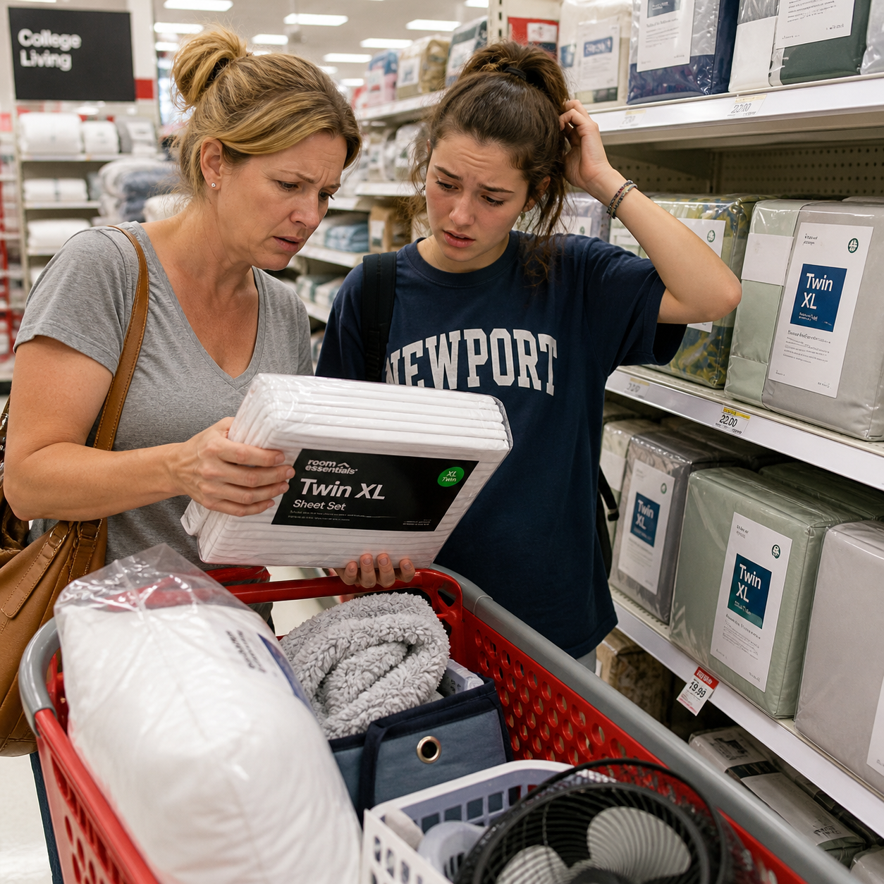 Parent and college freshman confused while shopping for Twin XL dorm bedding in a store aisle