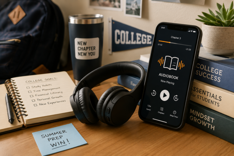 Headphones and smartphone playing an audiobook beside college prep books and study materials for incoming college students