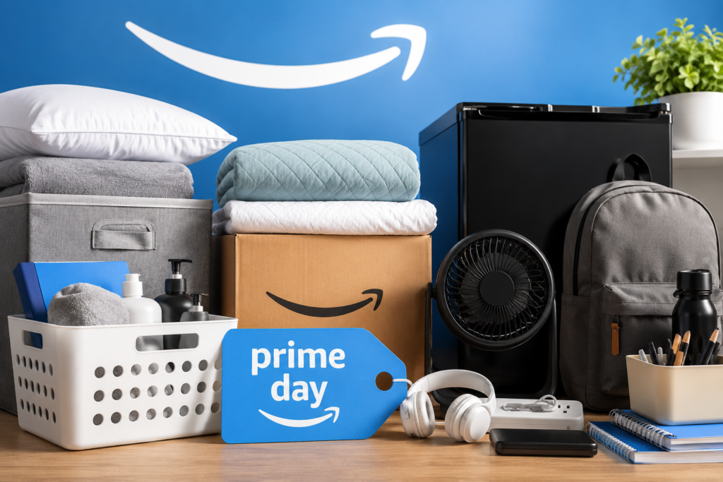 Dorm room essentials including bedding, storage bins, mini fridge, backpack, fan, headphones, and school supplies featured for Prime Day college shopping.