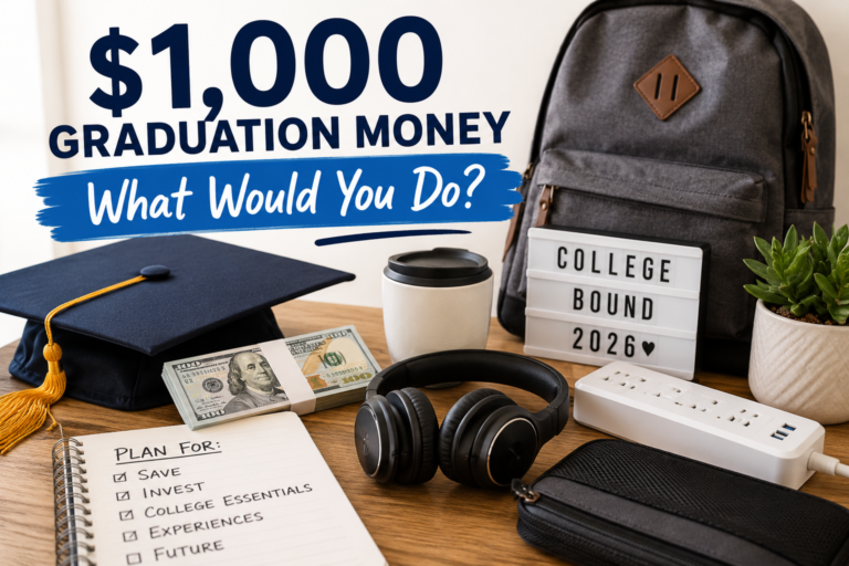 Graduation cap, cash, backpack, headphones, and college supplies representing smart ways to use graduation money before starting college.
