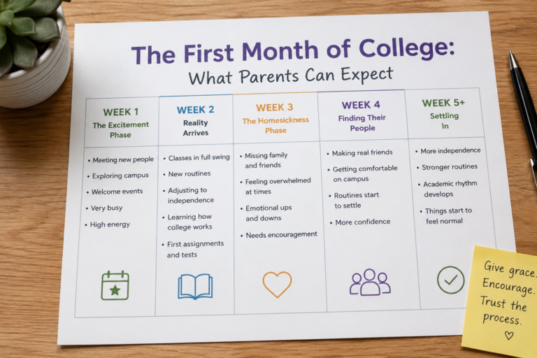 Week-by-week guide showing what parents can expect during a college freshman's first month on campus