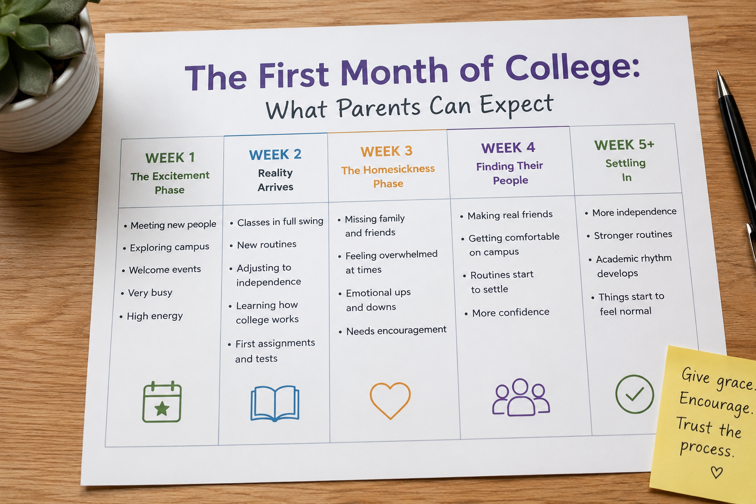 Week-by-week guide showing what parents can expect during a college freshman's first month on campus