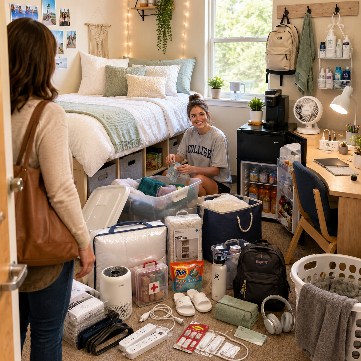 College freshman unpacking dorm room essentials during move-in day